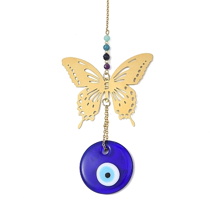 Ojo turco hecho a mano con vidrio soplado y mariposa 304 Decoraciones colgantes de acero inoxidable, con cuentas de amatista y lapislázuli naturales y hematita sintética no magnética galvanizada, para decoración colgante de coche o para el hogar