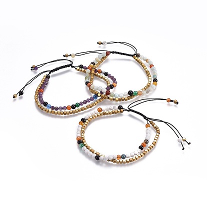 Natural Gemstone Beads Multi-Strand Bracelets, with Electroplate Non-magnetic Synthetic Hematite Bead, Nylon Thread