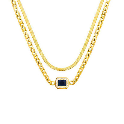 304 Stinless Steel Herringbone & Cuban Link Chains Double Layered Necklaces, Rhinestone Rectangle Pendant Necklace
