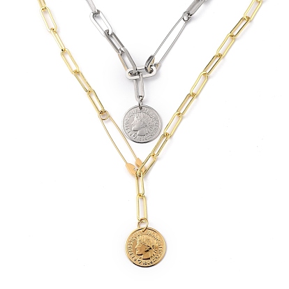Lariat Necklaces Sets, with 201 Stainless Steel Safety Pins, Paperclip Chains & Coin Pendants, Flat Round with Marianne