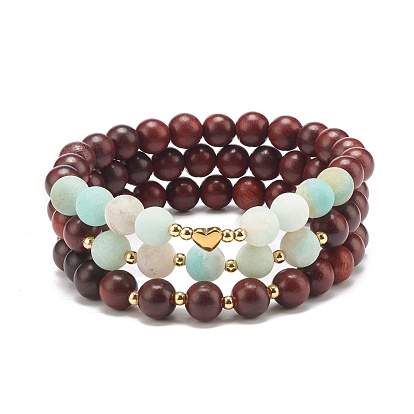 Wood Beaded Stretch Bracelet Sets, Natural Frosted Flower Amazonite Stackable Bracelets for Women, with Heart Non-magnetic Synthetic Hematite Beads