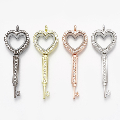 Alloy Magnetic Locket Big Pendants, with Rhinestone and Glass, Key, Crystal