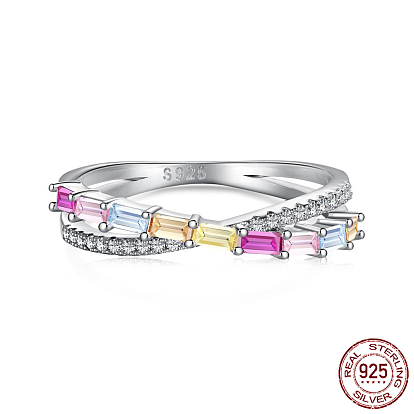 Rhodium Plated Sterling Silver Criss Cross Finger Rings, with Cubic Zirconia, with S925 Stamp