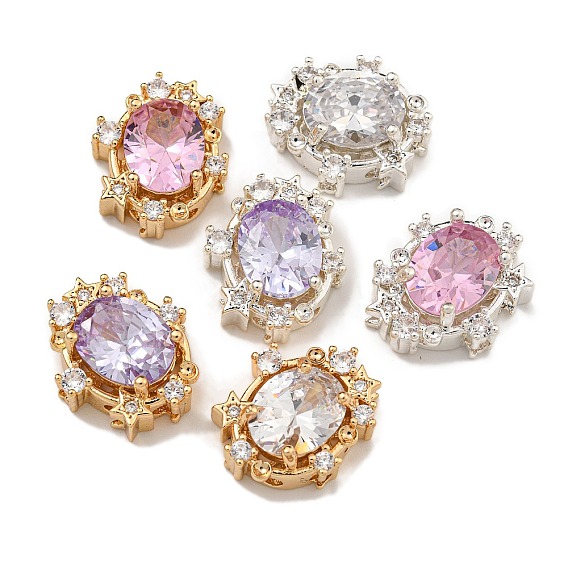 Латунные микро проложить кубического циркония бусы, со стеклом, овальные