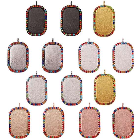 14Pcs 7 Colors Alloy Big Pendant Cabochon Settings, Plain Edge Bezel Cups, with Rhinestone, Rectangle
