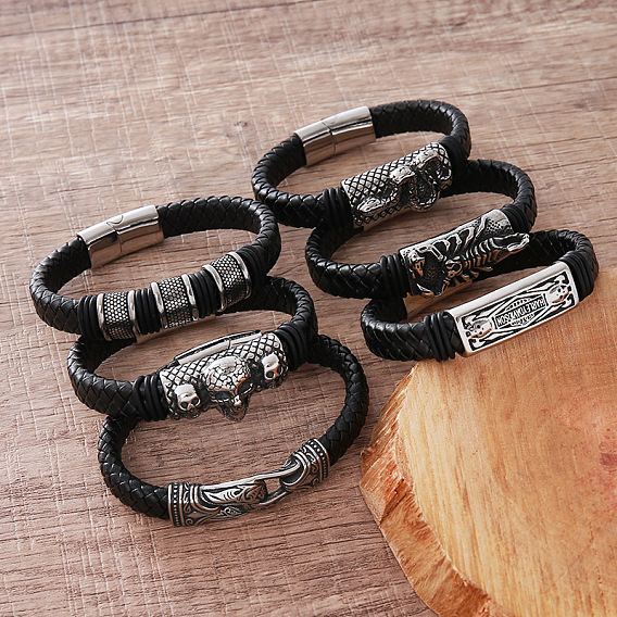 Vintage 304 Stainless Steel Men's Braided PU Leather Bracelets with Metal Magnetic Clasps, Black, Antique Silver