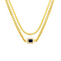304 Stinless Steel Herringbone & Cuban Link Chains Double Layered Necklaces, Rhinestone Rectangle Pendant Necklace