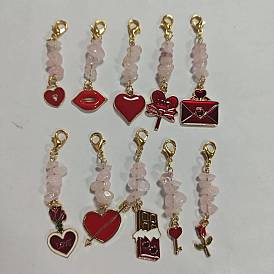 Colgante de aleación esmaltado con temática del día de San Valentín, Cierres de pinza de langosta de aleación de zinc y chips de cuarzo rosa natural para adornos de bolsos