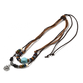 Natural Wooden & Synthetic Turquoise Polygon Double Layered Necklaces, Adjustable Necklace with Alloy Flower Charms