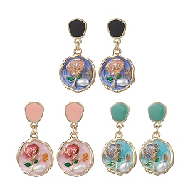 3 пары серег-гвоздиков с подвесками из сплава и эмали, с пластиковой жемчужины, плоские круглые с цветочным узором, золотые