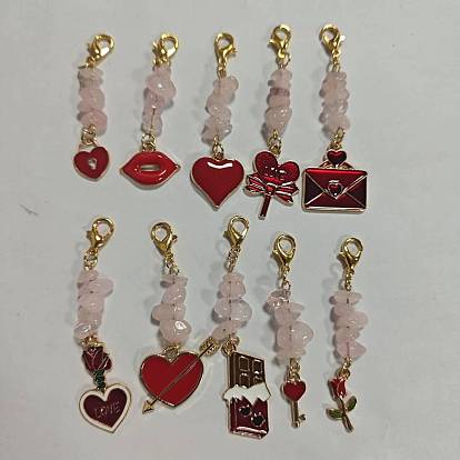 Colgante de aleación esmaltado con temática del día de San Valentín, Cierres de pinza de langosta de aleación de zinc y chips de cuarzo rosa natural para adornos de bolsos