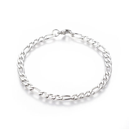 304 Stainless Steel Figaro Chain Bracelets, with Lobster Claw Clasps