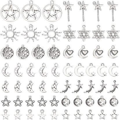 140Pcs 14 style Tibetan Style Alloy Charms, Star & Moon & Sun