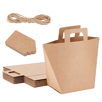 Sac cadeau rectangle en papier kraft créatif pliable, avec cordons de jute et étiquettes de prix en papier