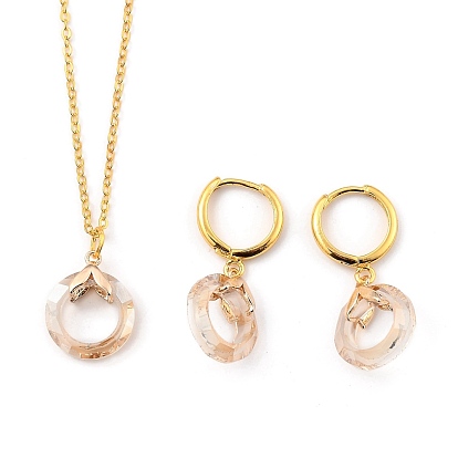 Glass Jewelry Sets, Brass Cable Chains Pendant Necklaces & Hoop Earrings, with Brass Ice Pick Pinch Bails and Huggie Hoop Earring Findings, Ring