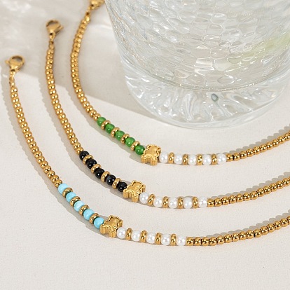 Natural Stone and Freshwater Pearl Round Beaded Bracelets, 304 Stainless Steel Bear Bracelets, Real 18K Gold Plated