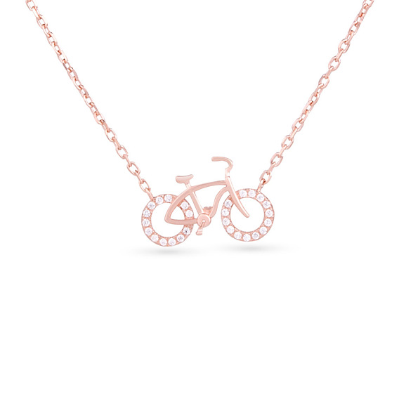 TINYSAND 925 Sterling Silver Cubic Zirconia Bicycle Pendant Necklaces, with Cable Chain, 17.82 inch