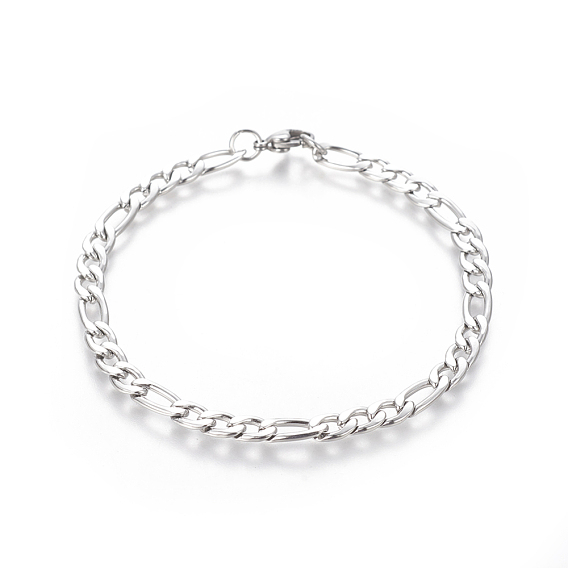 304 Stainless Steel Figaro Chain Bracelets, with Lobster Claw Clasps