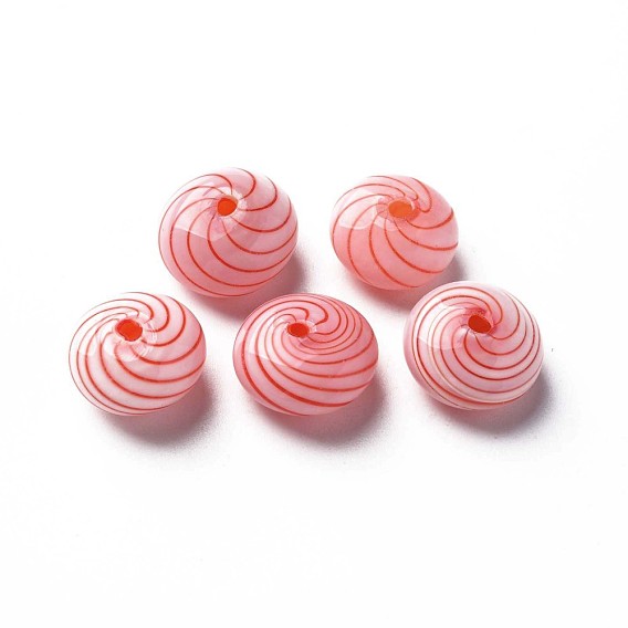 Handmade Blown Glass Globe Beads, Stripe Pattern, Flat Round