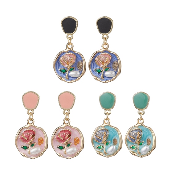 3 пары серег-гвоздиков с подвесками из сплава и эмали, с пластиковой жемчужины, плоские круглые с цветочным узором, золотые
