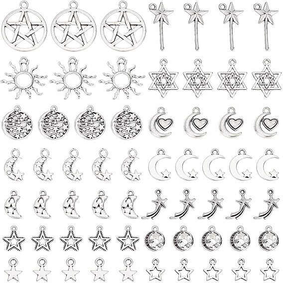 140Pcs 14 style Tibetan Style Alloy Charms, Star & Moon & Sun