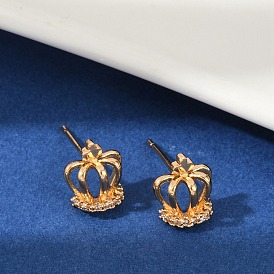 Серьги-гвоздики с короной из латуни с микропаве из прозрачных кубических цирконий для женщин, без кадмия и без свинца, долговечный, стойки покрытие