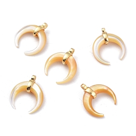 Natural Yellow Shell Pendants, with Golden Plated Brass Findings, Double Horn/Crescent Moon
