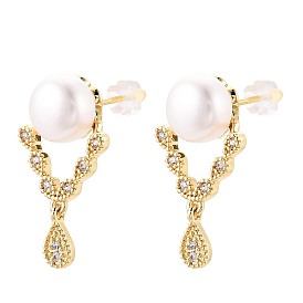 Серьги-гвоздики в форме капли из латуни с микропаве из прозрачных кубических цирконий, с натуральным жемчугом и 925 булавками из стерлингового серебра, долговечный
