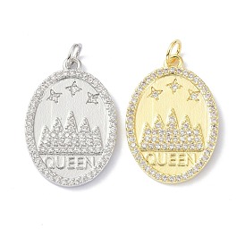 Brass Cubic Zirconia Pendants, with Jump Ring, Long-Lasting Plated, Lead Free & Cadmium Free, Oval with Star, Mountain and Word Pattern