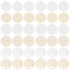 36шт 6 стиль стойка покрытие латунные филигранные подвески, долговечный, плоский круглый шарм с цветком и деревом жизни, без никеля 