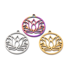 Ion Plating(IP) 304 Stainless Steel Pendants, Laser Cut, Flat Round with Lotus Charm