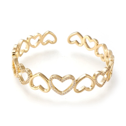 Brass Micro Pave Clear Cubic Zirconia Cuff Bangles, Heart