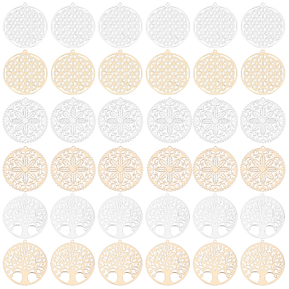 36шт 6 стиль стойка покрытие латунные филигранные подвески, долговечный, плоский круглый шарм с цветком и деревом жизни, без никеля 