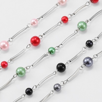 Redondos hechos a mano cadenas perlas de perlas de vidrio para collares pulseras hacer, Con cuentas de tubo de latón y alfiler de hierro., sin soldar, 39.3 pulgada