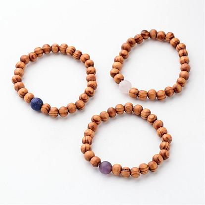 Wood Bead Stretch Bracelets, with Gemstone Round Beads, 56mm