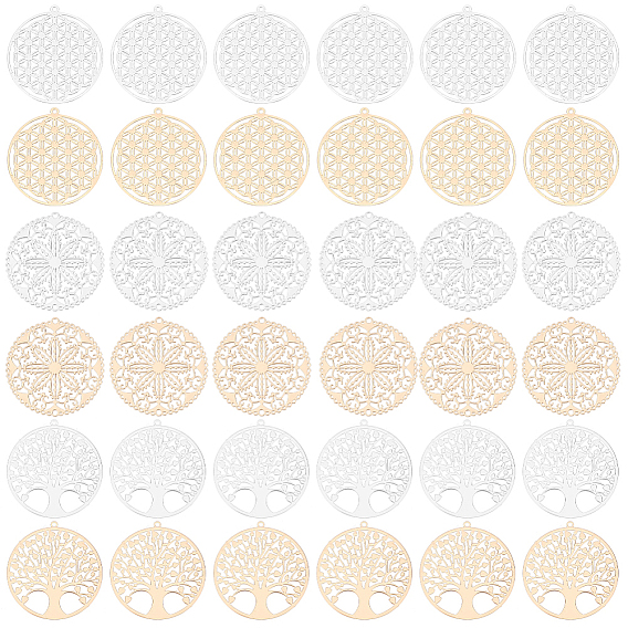 36шт 6 стиль стойка покрытие латунные филигранные подвески, долговечный, плоский круглый шарм с цветком и деревом жизни, без никеля 