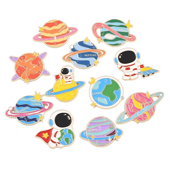 Space Planet Astronauts Alloy Enamel Cabochons, with Self Adhesive Sticker, Light Gold