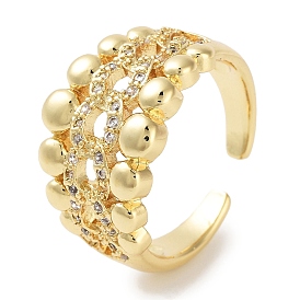 Rack Plating Brass Pave Clear Cubic Zirconia Open Cuff Rings, Cadmium Free & Lead Free, Long-Lasting Plated, Flat Round
