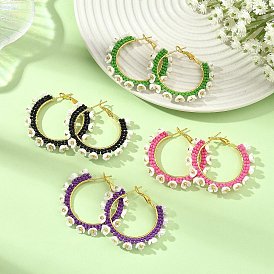Glass Hoop Earrings, Flower, with Iron Huggie Hoop Earring Findings