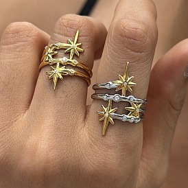 304 Anillos abiertos tipo brazalete de acero inoxidable con micro pavé de circonitas cúbicas para mujer, estrella