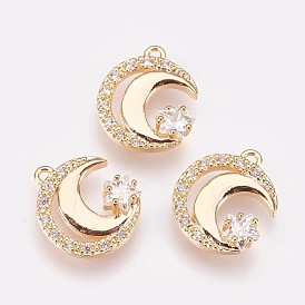 Brass Micro Pave Cubic Zirconia Charms, Nickel Free, Real 18K Gold Plated
, Moon