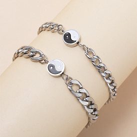 Stainless Steel Yin Yang Eight Trigrams Perforated Adjustable Couple Bracelet Set