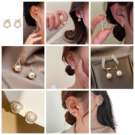 Alloy Rhinestone Earrings for Women, with Imitation Pearl Beads
