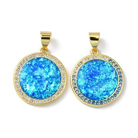 Brass Micro Pave Cubic Zirconia Pendants, with Synthetic Opal, Flat Round