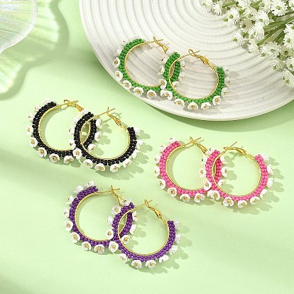 Glass Hoop Earrings, Flower, with Iron Huggie Hoop Earring Findings
