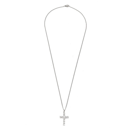 Brass Micro Pave Clear/Black Cubic Zirconia Cross Pendant Necklaces, 201 Stainless Steel Chains Necklaces