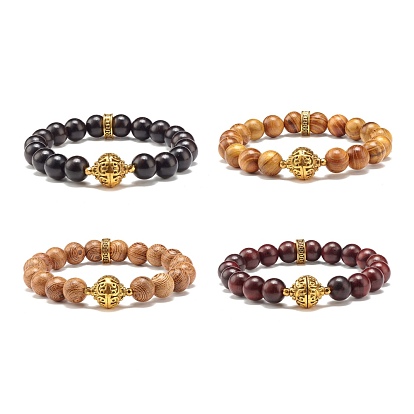 Natural Wood Round Bead Stretch Bracelet, Non-magnetic Synthetic Hematite & Alloy Beads Bracelet for Women, Golden