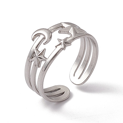 304 Stainless Steel Star & Moon Open Cuff Ring for Women