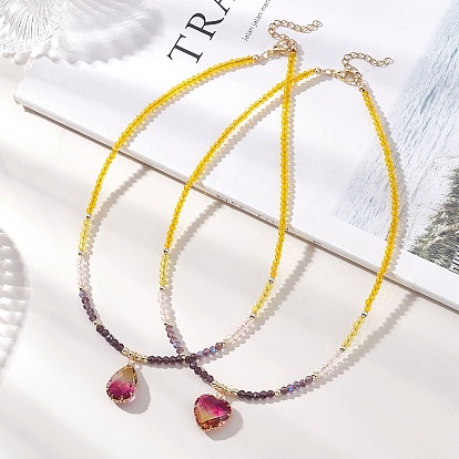 2 шт. 2 стили фиолетовый k9 стеклянный кулон в форме капли в форме сердца, разноцветные ожерелья из граненых бусин-рондель с гальваническим покрытием, золотые