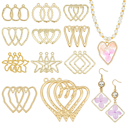 44Pcs 11 Styles Rack Plating Alloy Open Back Bezel Pendants, For DIY UV Resin, Epoxy Resin, Pressed Flower Jewelry